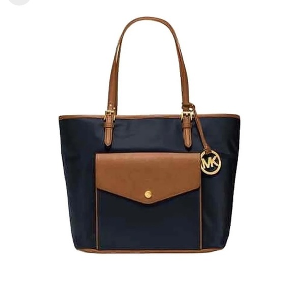 Michael Kors Jet Set Leather Nylon blue tan shoulder bag - Picture 1 of 14